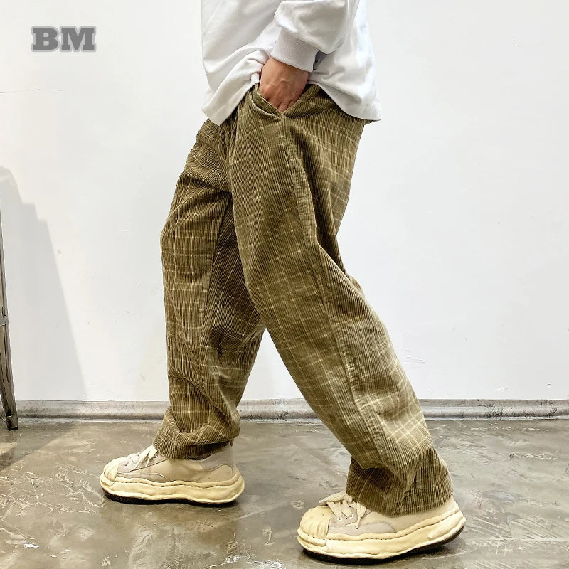 Streetwear Corduroy Checkered Trousers - Straight Casual Pants