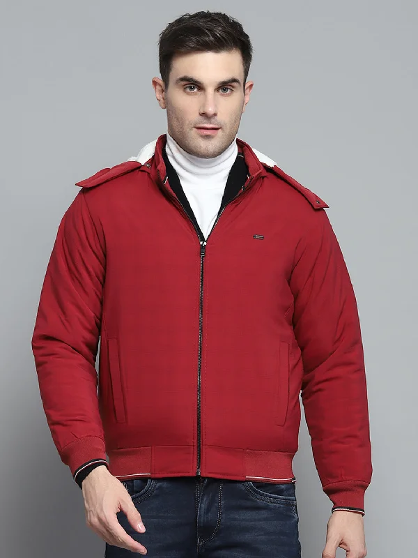 Men Red Solid Detachable Hood Full Sleeve Jacket