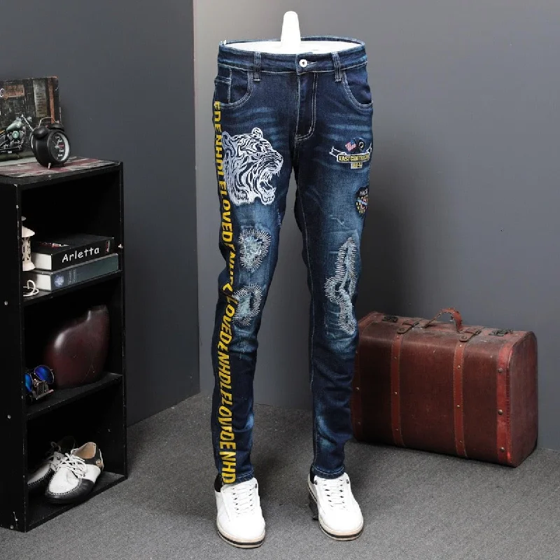 Men's Autumn Patchwork Tiger Embroidery Jeans