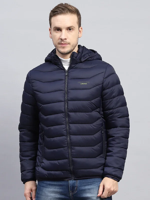 Men Navy Blue Solid Hooded Full Sleeve Jacket