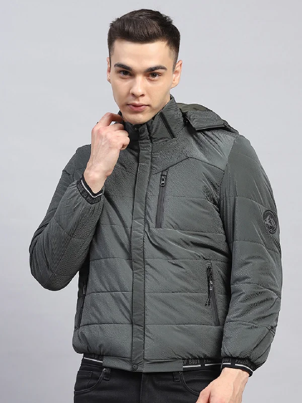 Men Olive Self Design Detachable Hood Full Sleeve Jacket