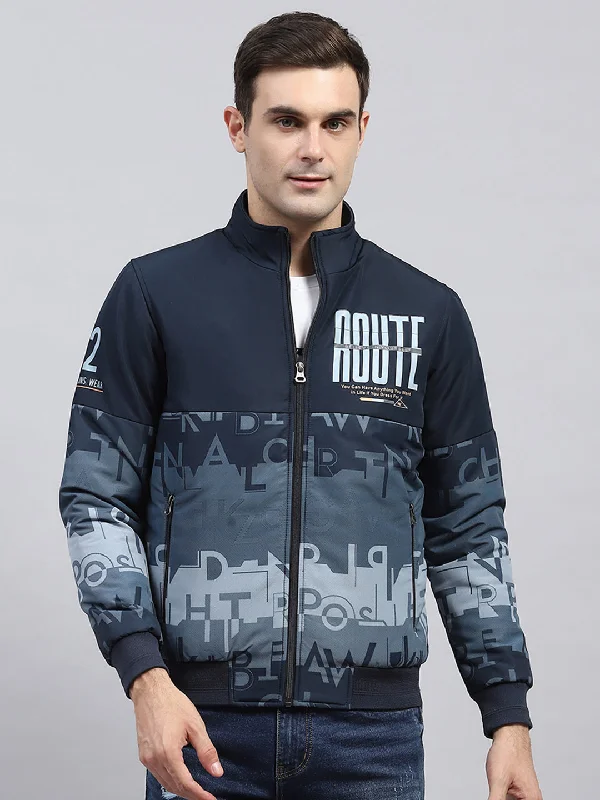 Men Navy Blue Printed Mock Neck Full Sleeve Jacket