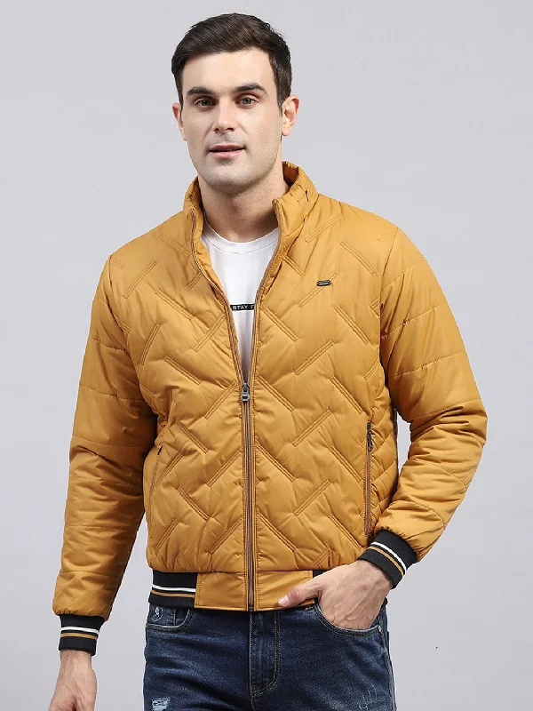 Men Mustard Solid Detachable Hood Full Sleeve Jacket