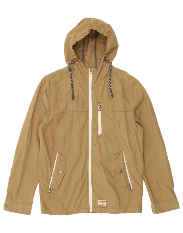 JACK & JONES Mens Hooded Rain Jacket UK 40 Large Beige Cotton