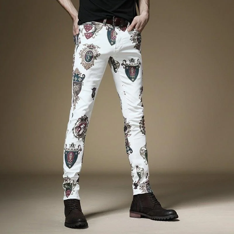 Men's Luxury Royal Crown Printed Skinny Jeans