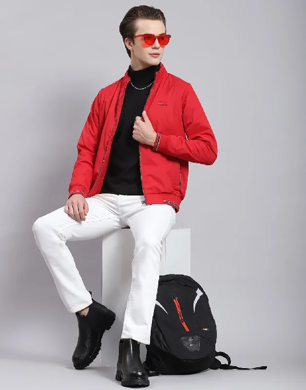 Men Red Solid Stand Collar Full Sleeve Jacket