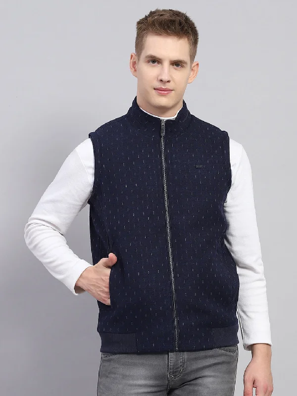 Men Navy Blue Printed Mock Neck Sleeveless Jacket