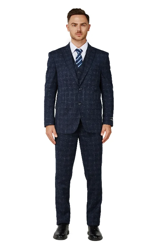 Men's Charcoal Blue Checker Notched Lapel Suit Slim Fit (3 PCS)