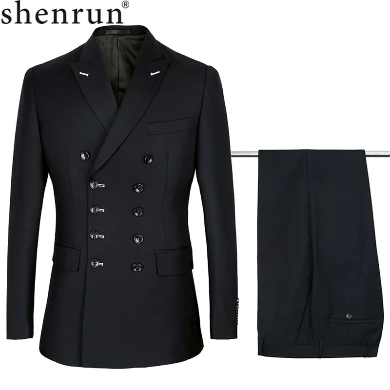 Suit Men - Slim Fit New Fashion Suit Double Breasted Peak Lapel Navy Blue Black Wedding Groom Party Prom Skinny Costume