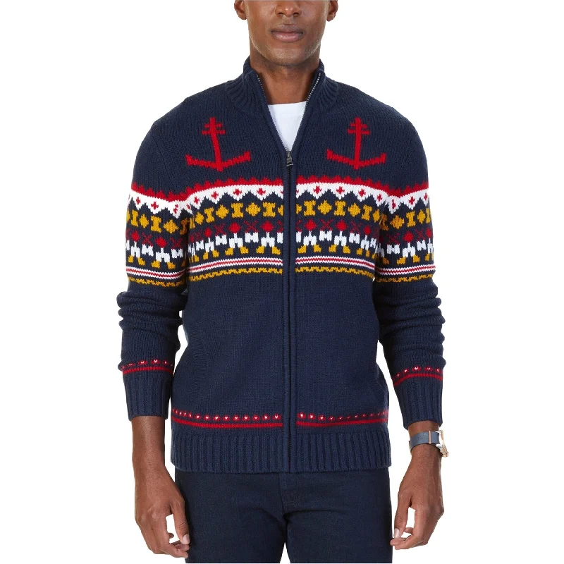 Nautica Mens Anchor Fair Isle Cardigan Sweater, Blue, Small