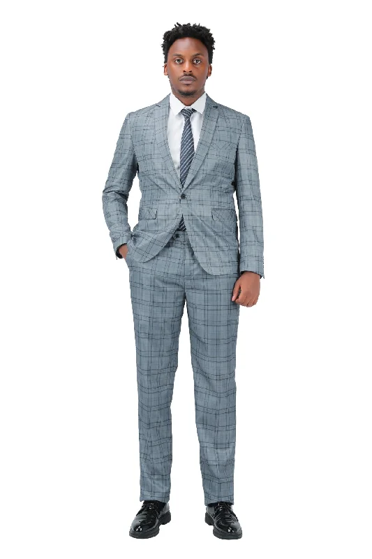 Plaid Stripe Suit Slim Fit 2-Piece Casual Suit Grey