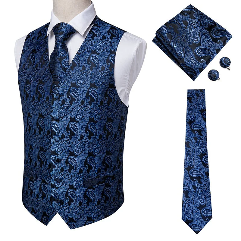 Suit Men - Hi-Tie Navy Paisley 100% Silk Dress Vest Set For Men Dark Blue Jacquard Men's Suit Vest Male Waistcoat For Wedding Formal Jacket