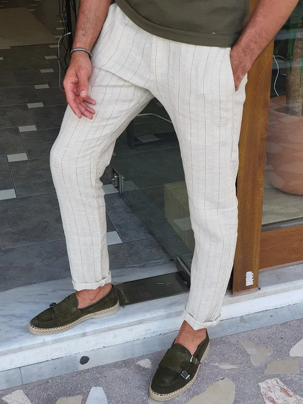 Bastoni Beige Slim Fit Pinstripe Linen Pants