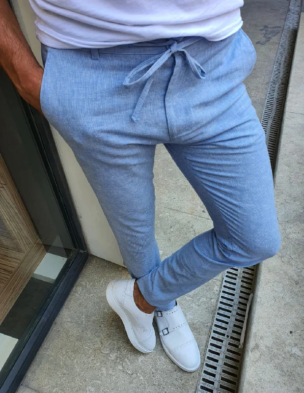 Mulen Blue Slim Fit Laced Striped Pants