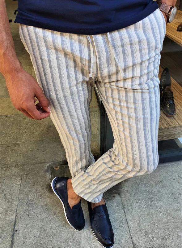 Newark Navy Blue Slim Fit Laced Striped Linen Pants