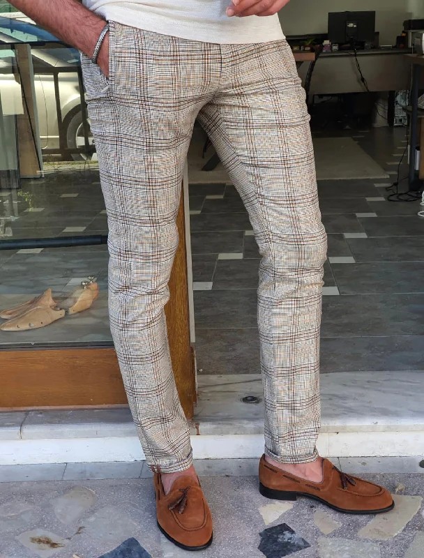 Vicenza Brown Slim Fit Plaid Pants