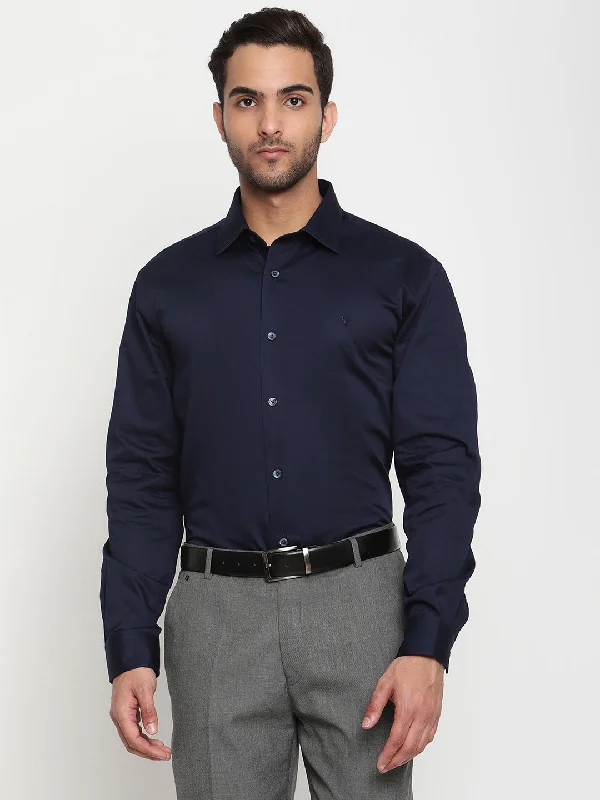 Men's Navy Blue Party Plain Satin Full Sleeve Shirt