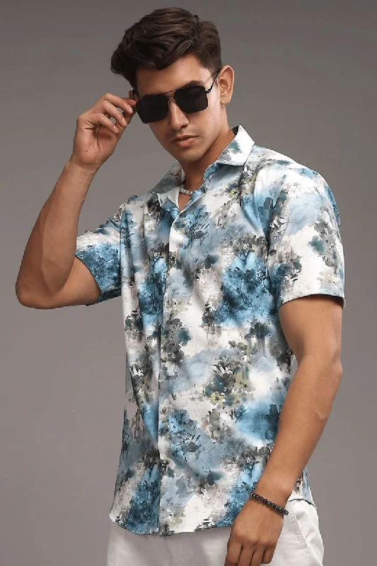 Pearl Blue Leaf Printed shirt - Half - Wrinkle Free