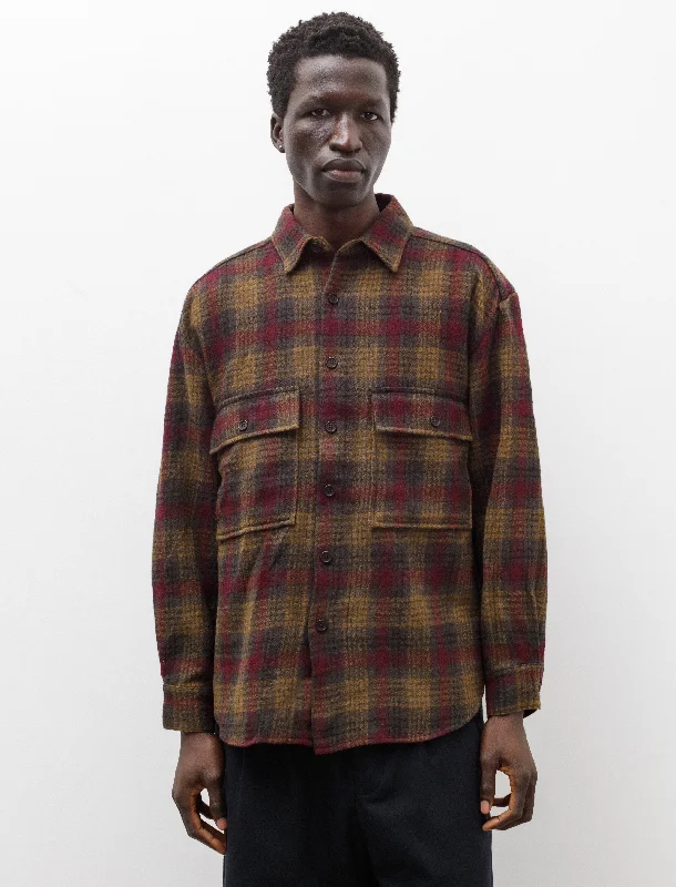 Big Shirt Wool Gauze Check Dark Olive Burgundy