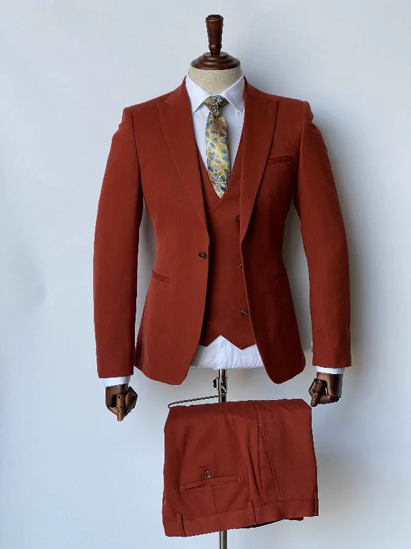 Giovanni Testi 1 Button Peak Lapel 3 Piece Rust Slim Fit Suit GT1PA+V-1706 BRICK