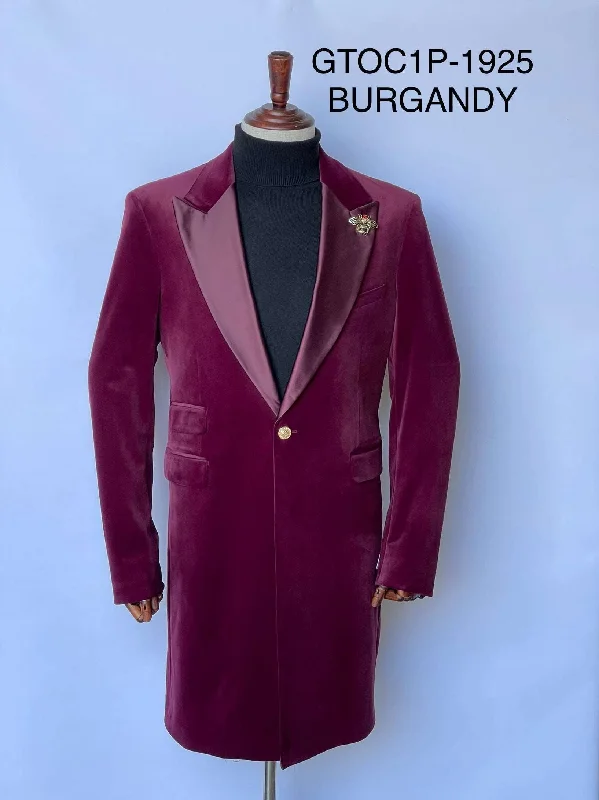 Giovanni Testi 1 Button Stretch Velvet Overcoat GTOC1P-1925 BURGUNDY