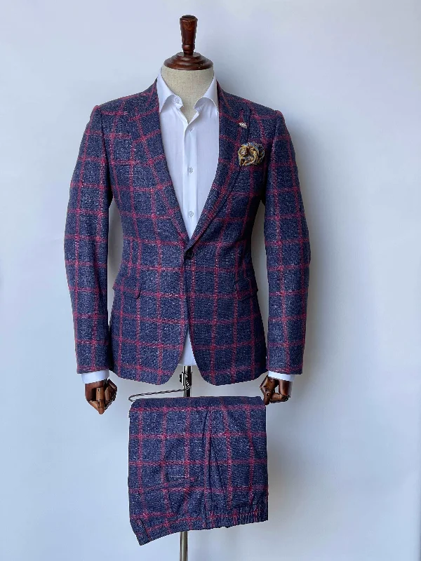 Giovanni Testi 1 Button Peak Lapel Plaid Suit GTRVL1P-7037 NAVY/FUSIA (R23-B)