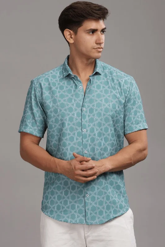 Turquoise Green Hexagonal Printed shirt - Half - Wrinkle Free